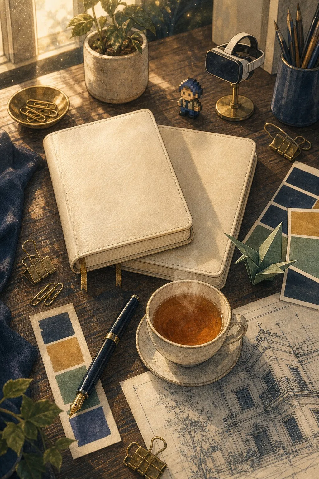 A corner of the ASAX studio — notebooks and tools, the start of a new project
